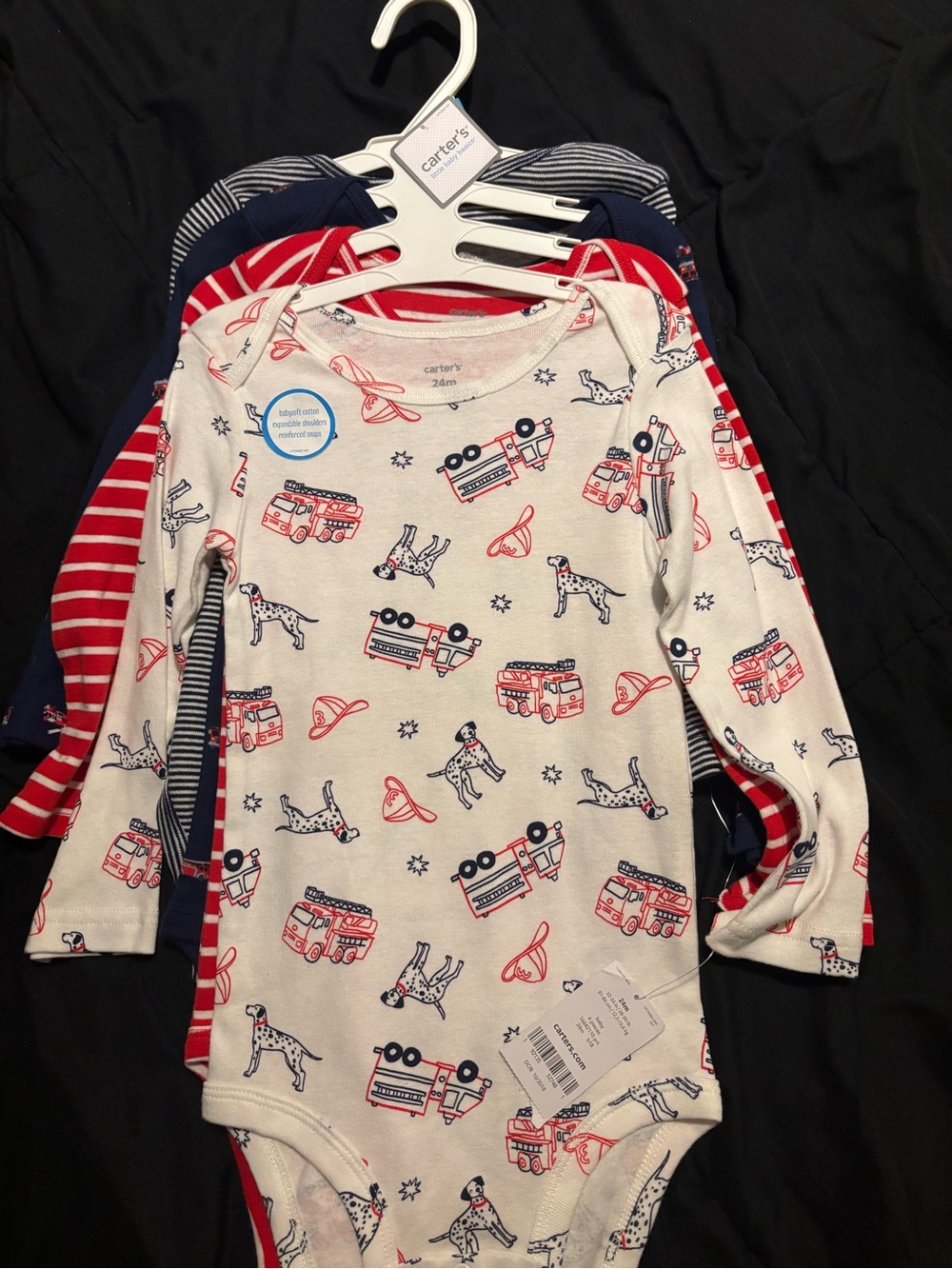 Carter's Red & Navy Firetruck/Striped 4pack 24M long-sleeved onesies